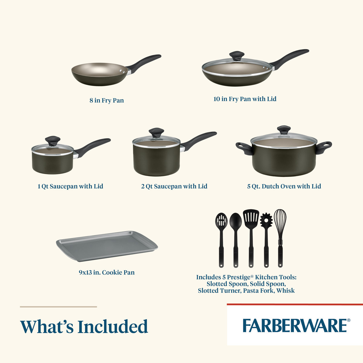 Farberware Dishwasher Safe Aluminum Nonstick Cookware Pots and Pans Set, 15-Piece, Pewter
